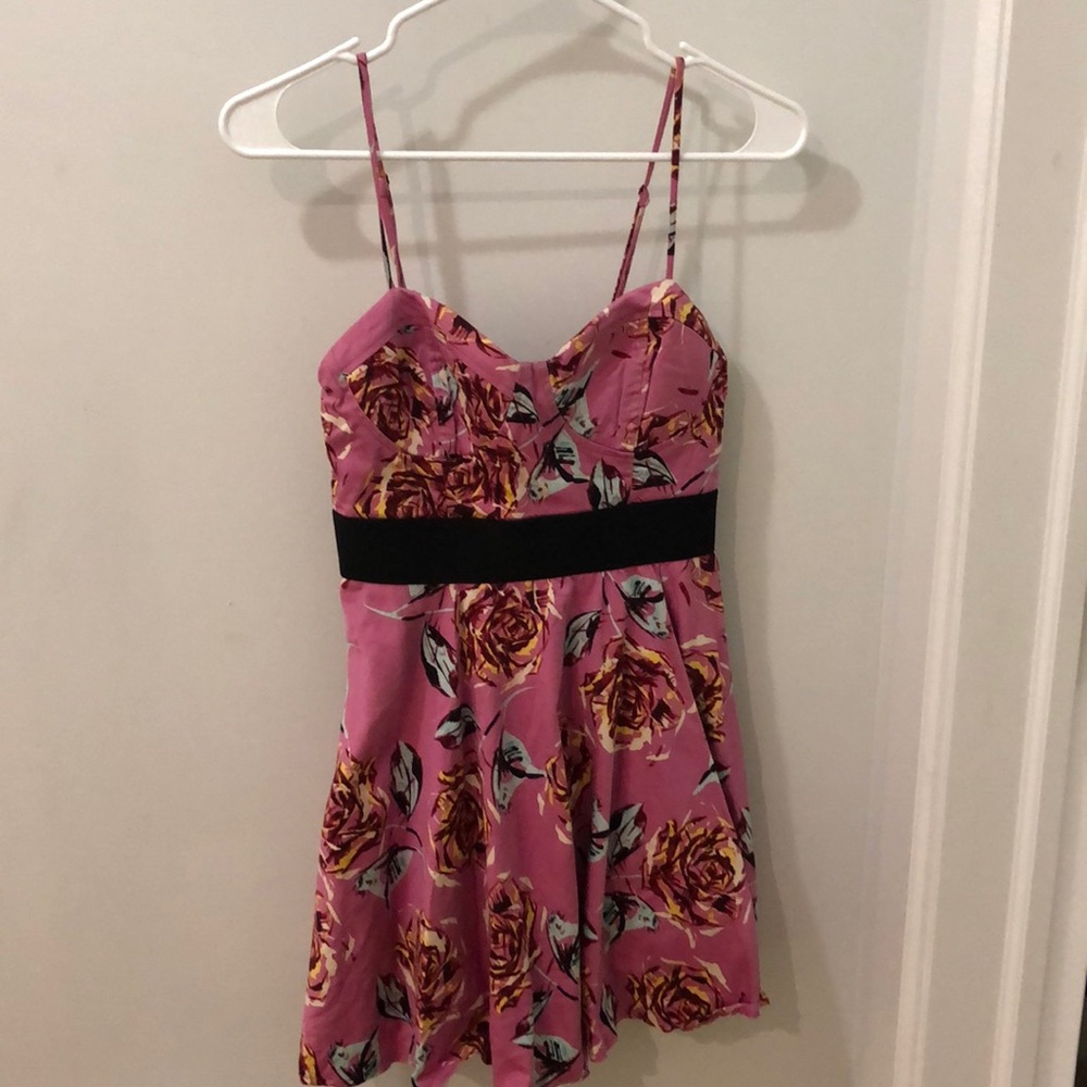 Pink Floral Dress with Black Elastic Waistband
